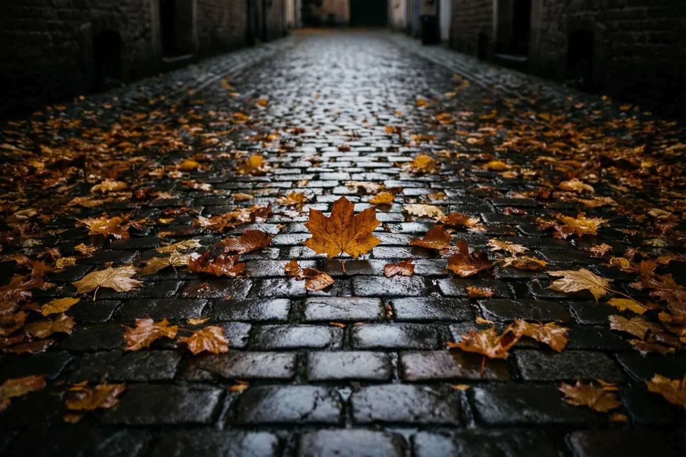 Vanuit een laag standpunt zijn herfstbladeren op natte grijze kasseien in een smal steegje te zien, in donkergrijze, bruine en gedempt oranje tinten.