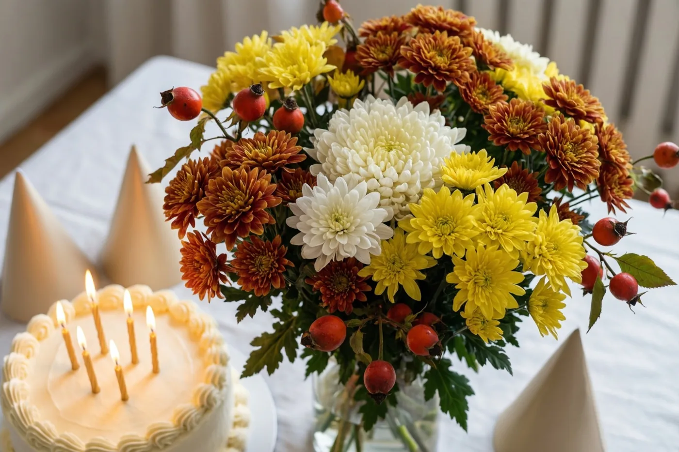 Een herfstboeket met chrysanten en rozenbottels staat naast een kleine taart met brandende kaarsjes op een wit tafelkleed, met papieren feesthoedjes op de achtergrond.