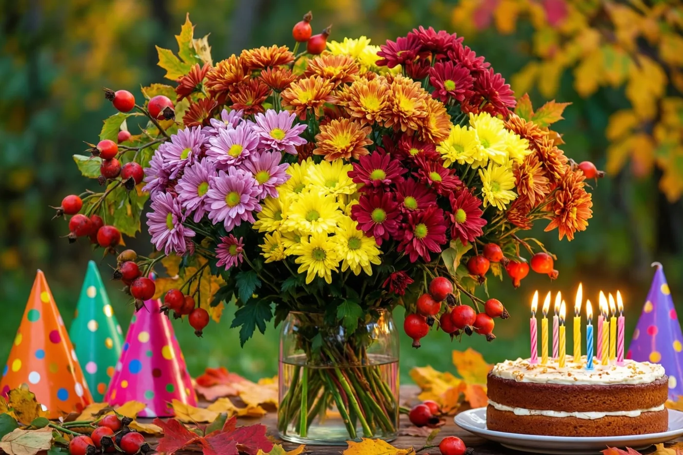 Een herfstboeket met chrysanten en rozenbottels staat naast een taart met twee lagen en brandende kaarsjes op een houten buitentafel met kleurrijke feesthoedjes en gevallen bladeren rondom.