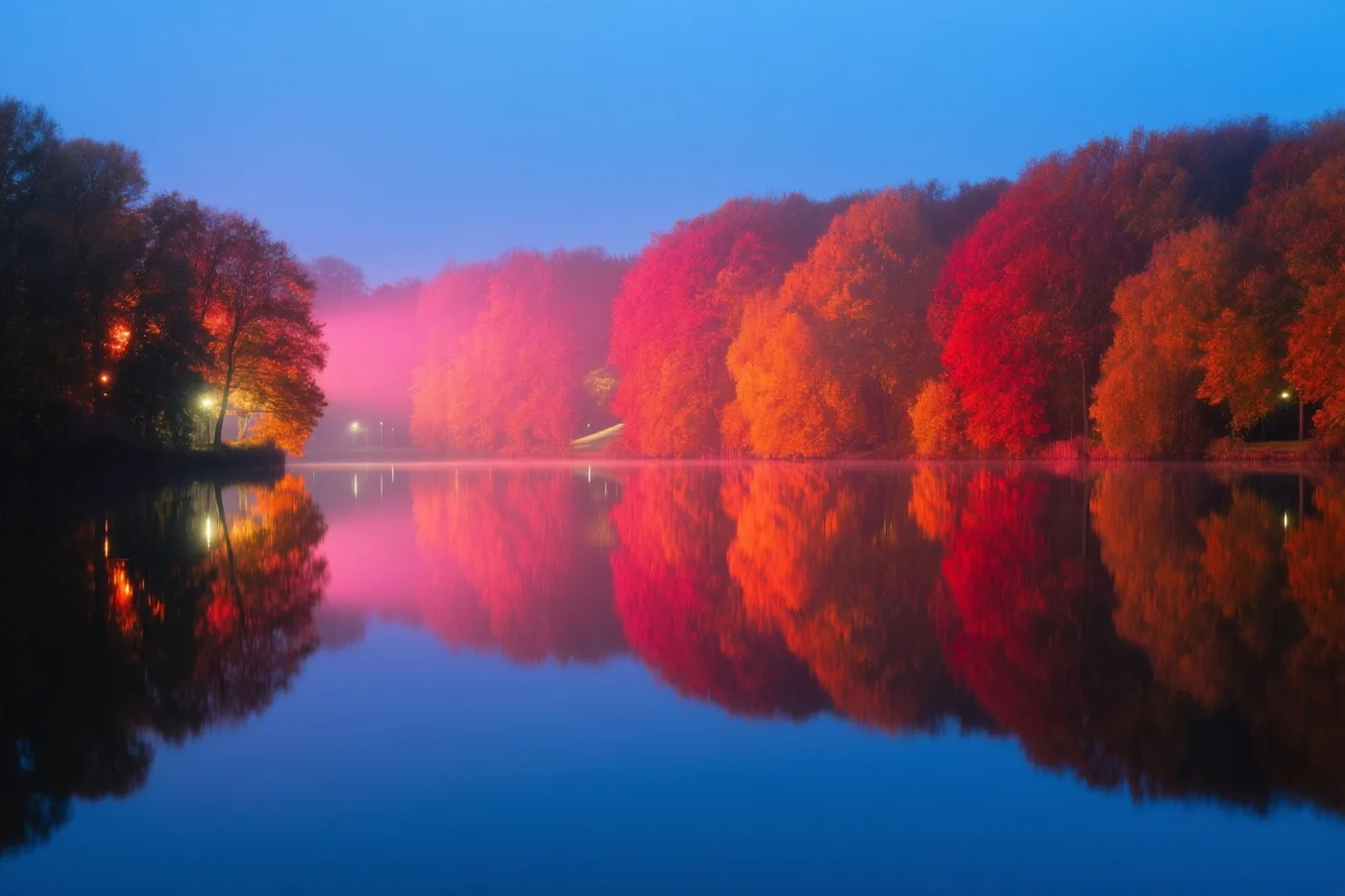 Een meer weerspiegelt felgekleurde herfstbomen onder een mistige schemerlucht, in rode, oranje en diepblauwe tinten.