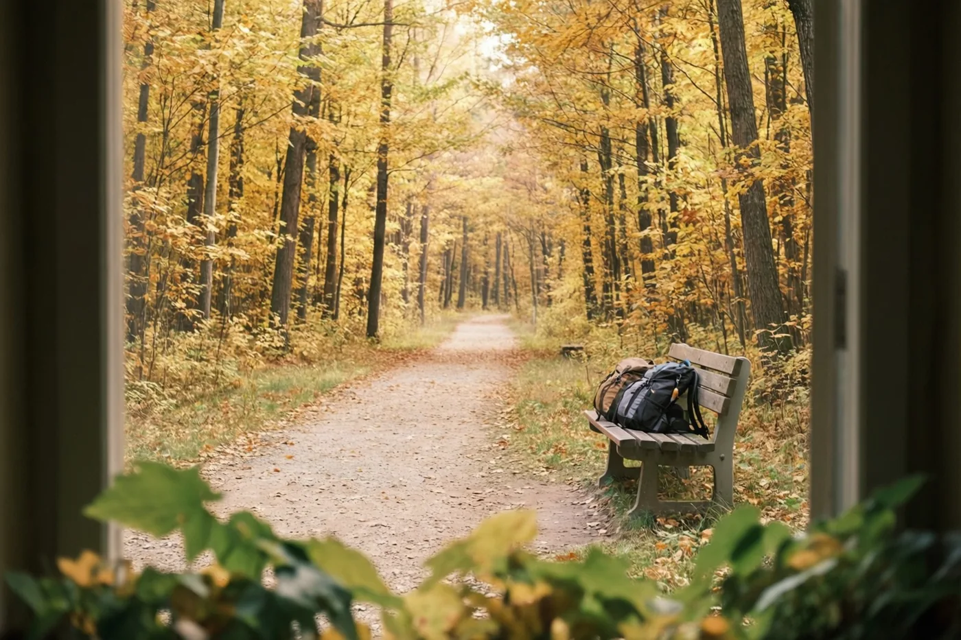 Door een raam is een slingerend onverhard pad in een goudkleurig herfstbos te zien, met rechts een houten bank waarop een ingepakte rugzak ligt.