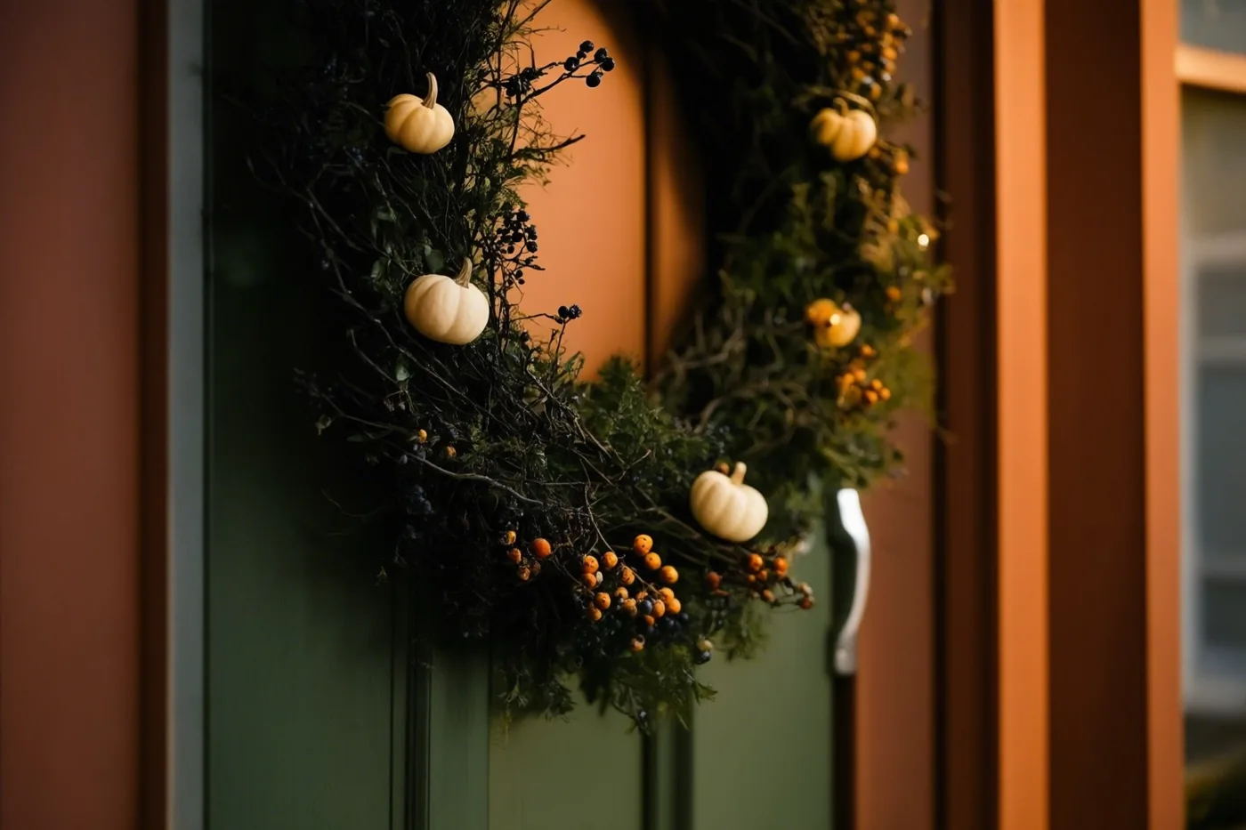 Een krans van donkere twijgen, gedroogde bessen en kleine witte pompoenen hangt aan een groene houten voordeur met gevelbekleding in warme tinten ernaast.