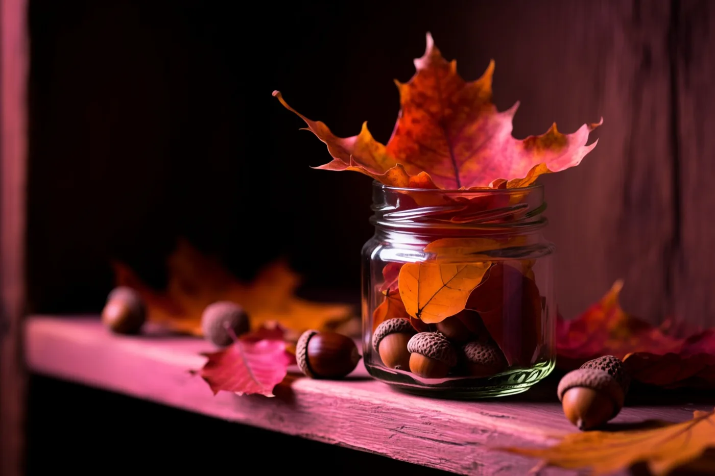 Een glazen pot met herfstbladeren en eikels staat op een houten plank in warm roodachtig licht tegen een donkere achtergrond.