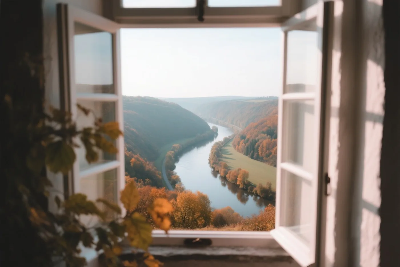 Door een open raam is van bovenaf een kronkelende rivier te zien in een vallei vol herfstkleuren en goudkleurig licht.