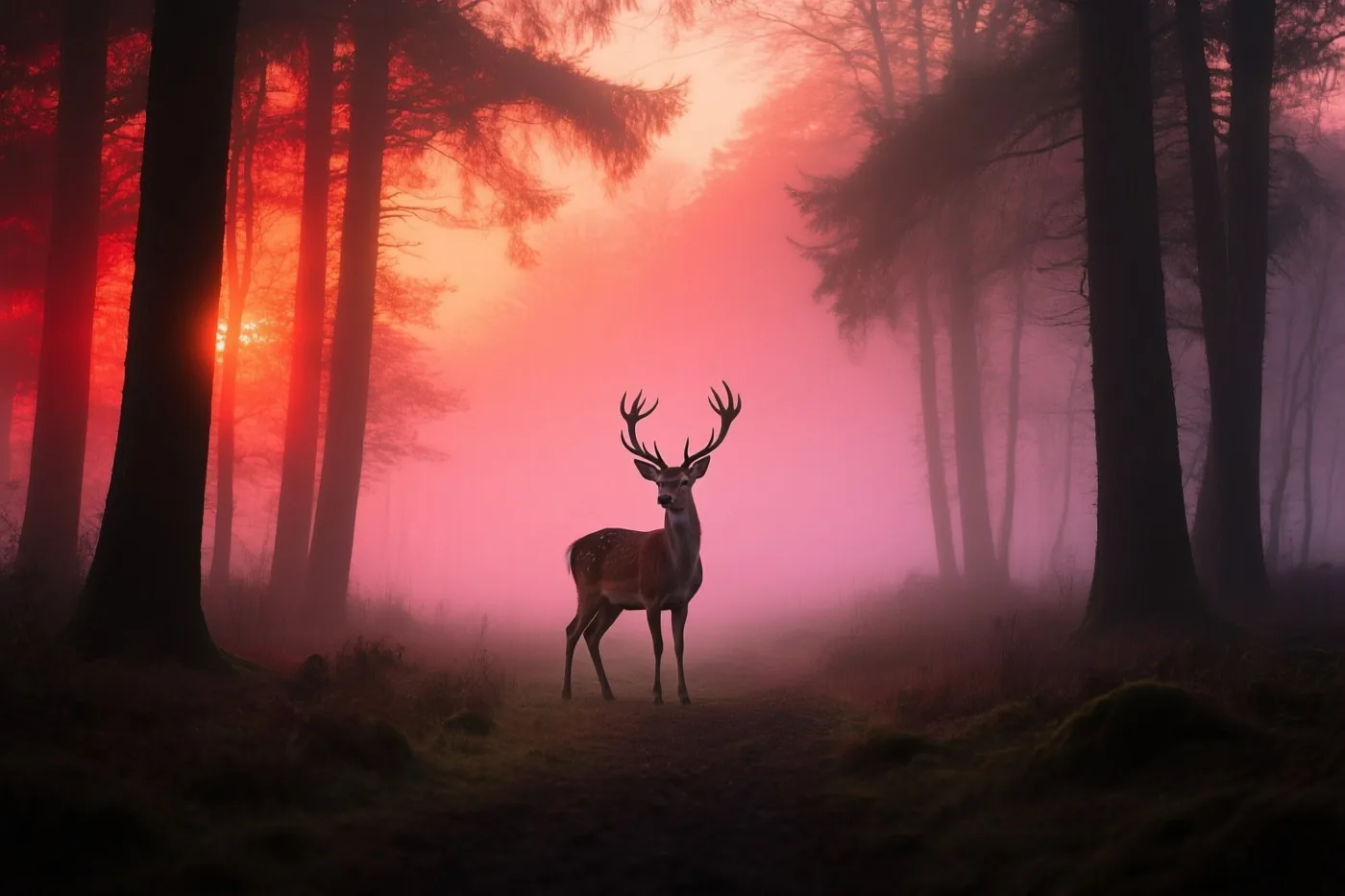 Een hert met een gewei staat tussen hoge bomen in een mistig bos, waar rood en roze ochtendlicht door de nevel valt.