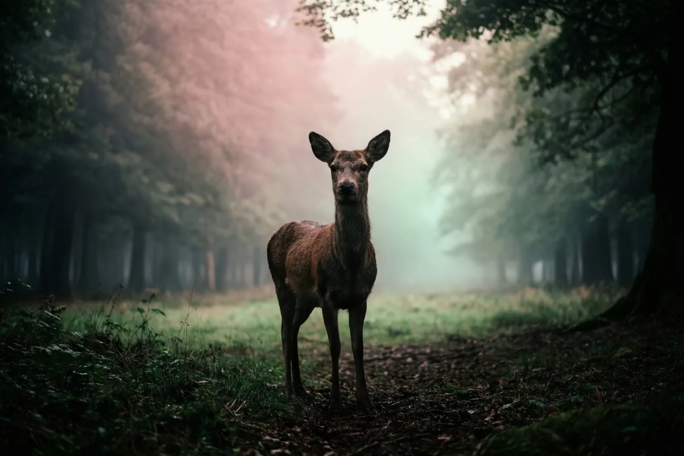 Een hert staat op een mistige open plek tussen hoge bomen, met gedempt groen en bruin en een zachtroze gloed op de achtergrond.