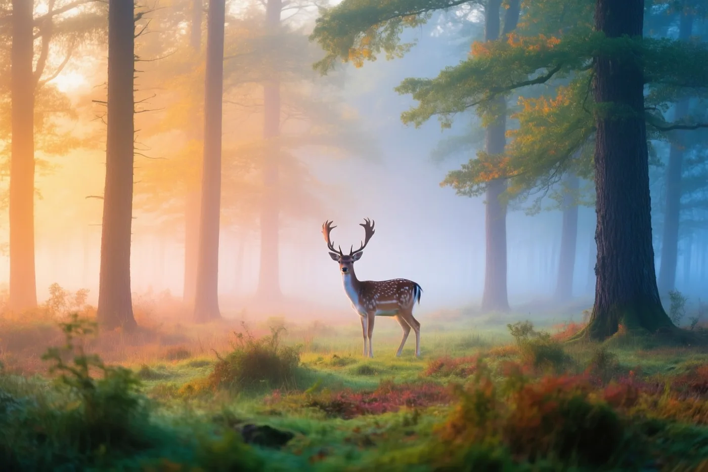 Een hert met een gewei staat bij zonsopgang in een mistig bos tussen hoge bomen en kleurrijke herfstbladeren in gouden licht.