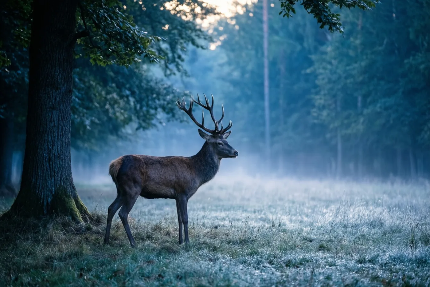 Een hert met een groot gewei staat op een mistige open plek in het bos, tussen bomen en berijpt gras in koele blauwe en groene tinten.