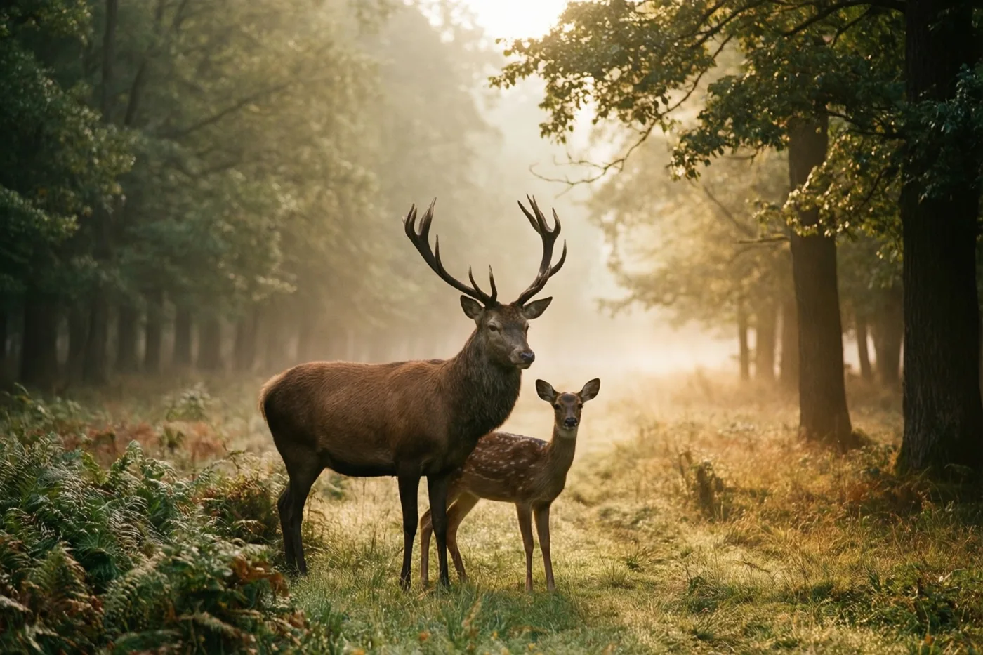 Een groot hert met een gewei en een kleiner jong hert staan op een open plek met gras aan een mistige bosrand, in goudkleurig ochtendlicht.