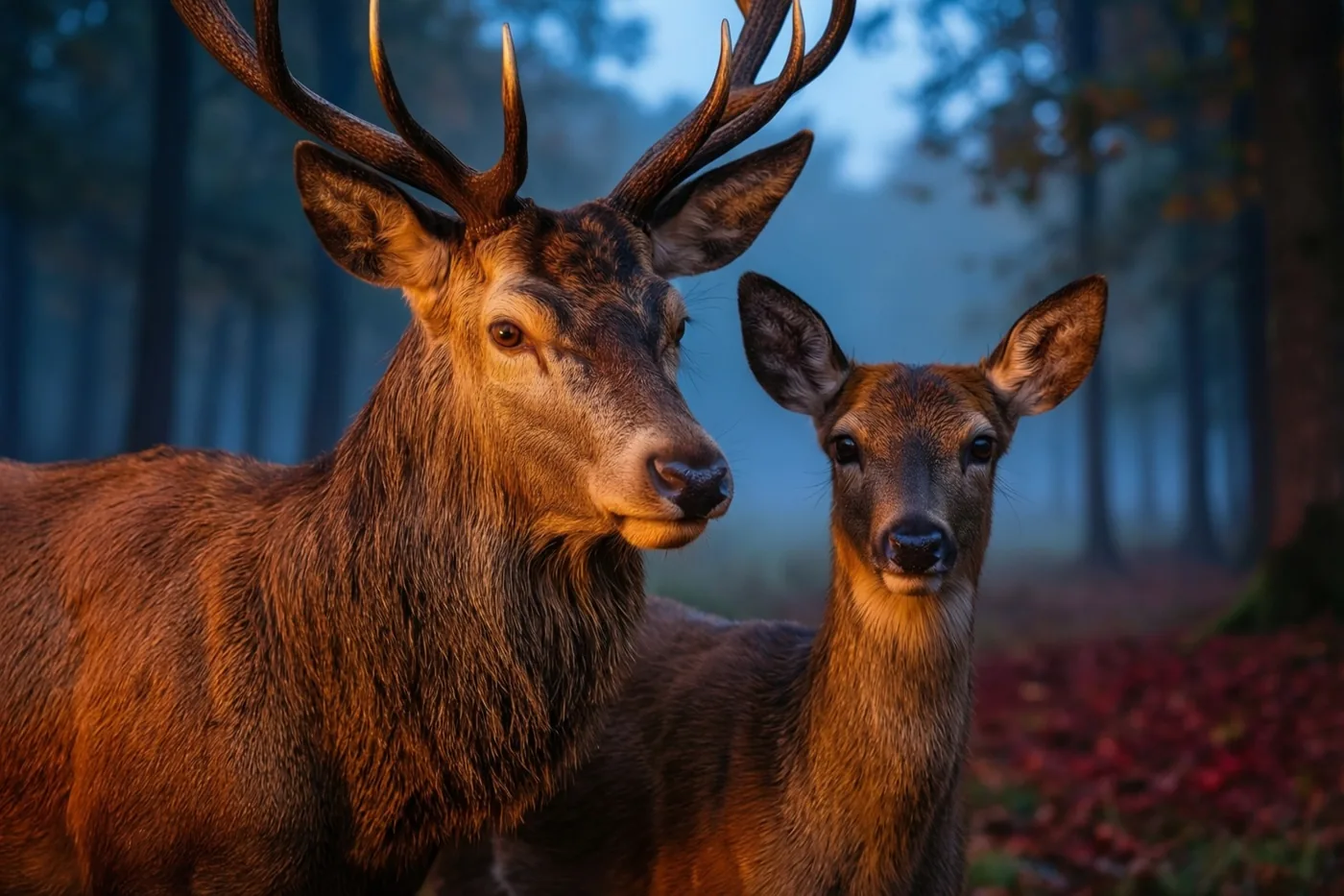 Een groot hert met een gewei en een kleiner jong hert staan bij zonsopgang in een mistig bos, in warm goudkleurig licht tegen een koelblauwe achtergrond.