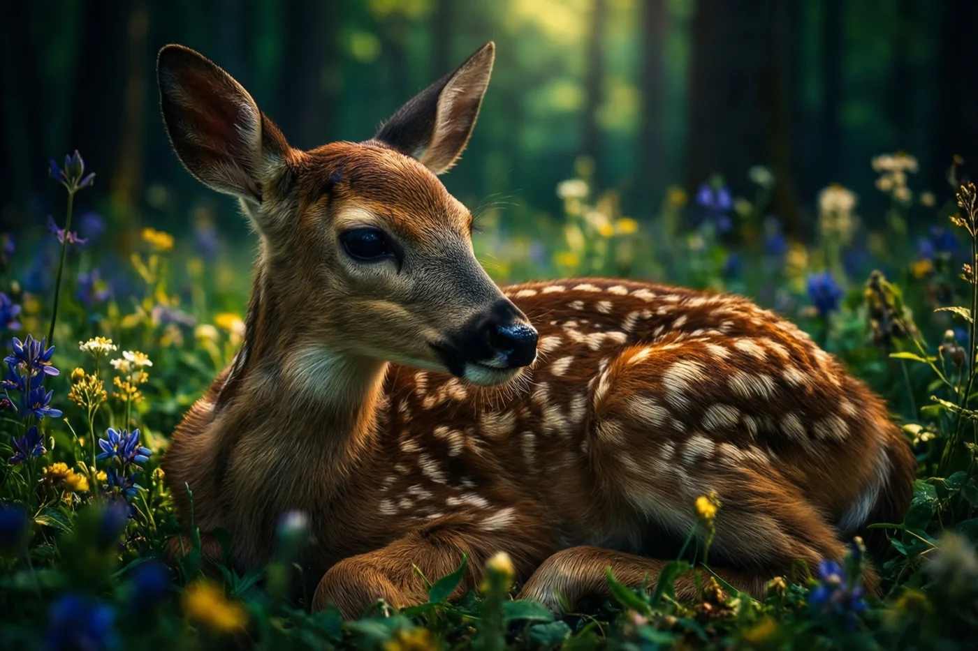 Een jong gevlekt hertenkalf rust tussen kleurrijke wilde bloemen op een zonnige open plek in het bos, met onscherpe groene bomen op de achtergrond.