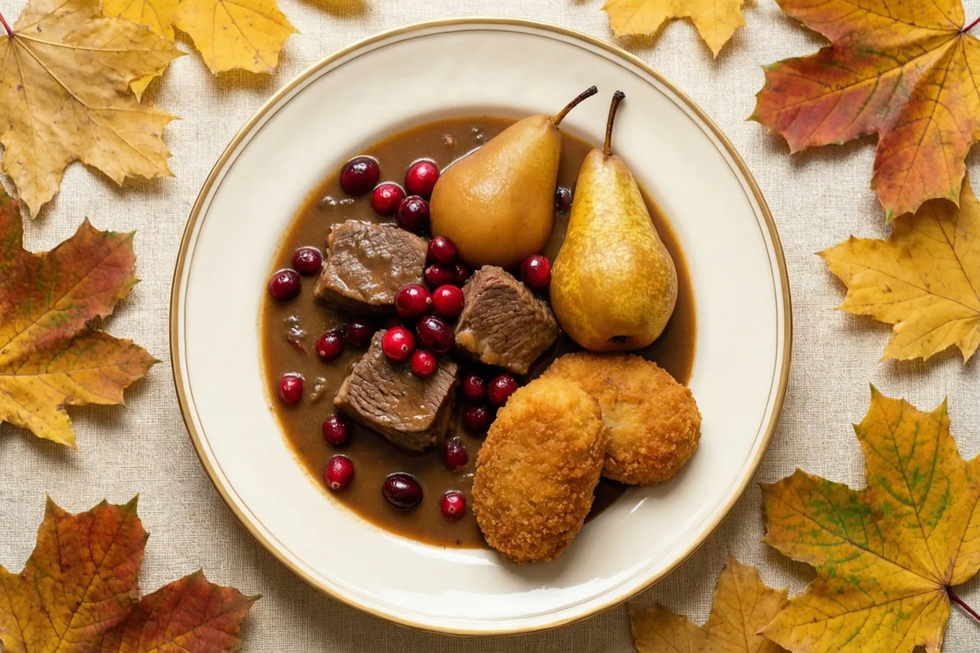Een bord hertenstoofpot met veenbessen, gestoofde peren en kroketten staat tussen herfstbladeren op een beige tafelkleed met structuur.