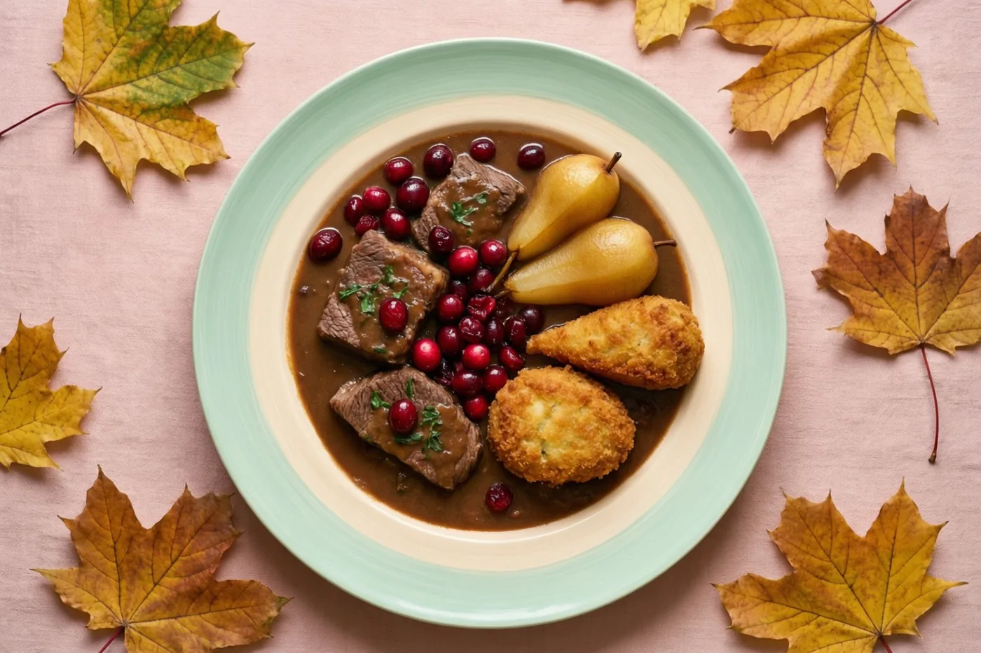 Een bord hertenstoofpot met veenbessen, gestoofde peren en kroketten staat op een roze tafelkleed tussen herfstige esdoornbladeren.