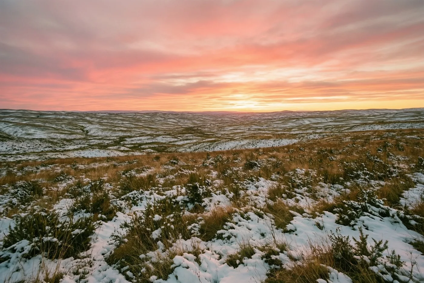 Glooiende heuvels met hier en daar sneeuw liggen onder een roze en oranje avondhemel, met besneeuwde grassen en struiken op de voorgrond.