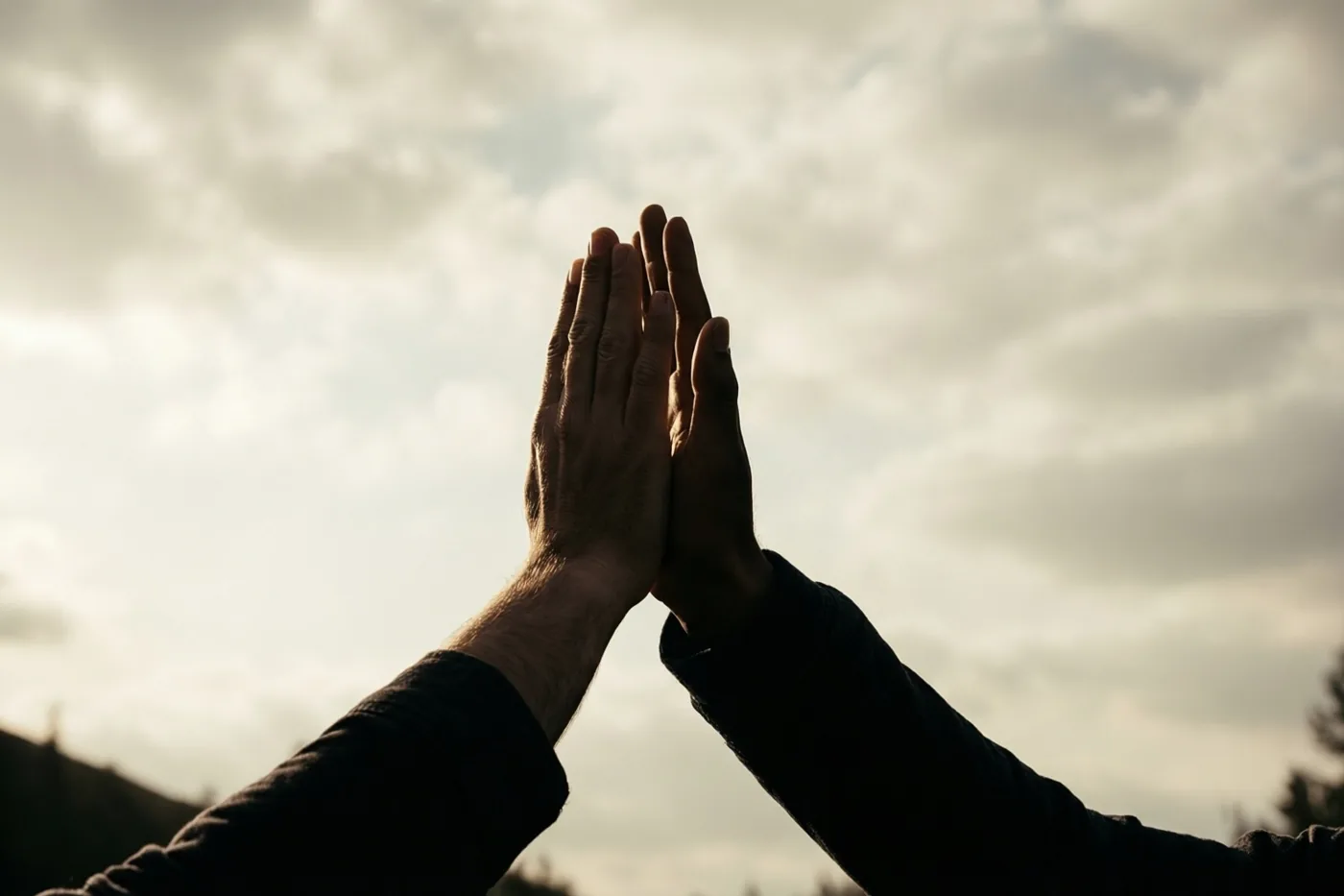 Twee handen geven elkaar een high five tegen een bewolkte hemel, in gedempte grijze, beige en zwarte tinten.