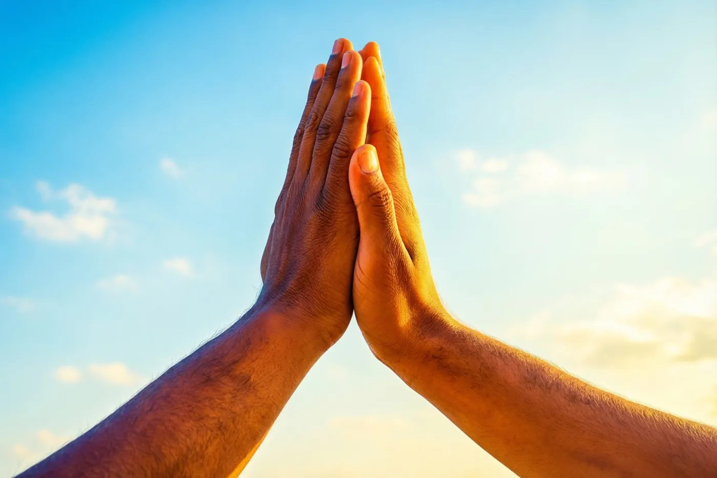 Twee handen raken elkaar in een high five tegen een helderblauwe hemel met verspreide wolken, in warm zonlicht.