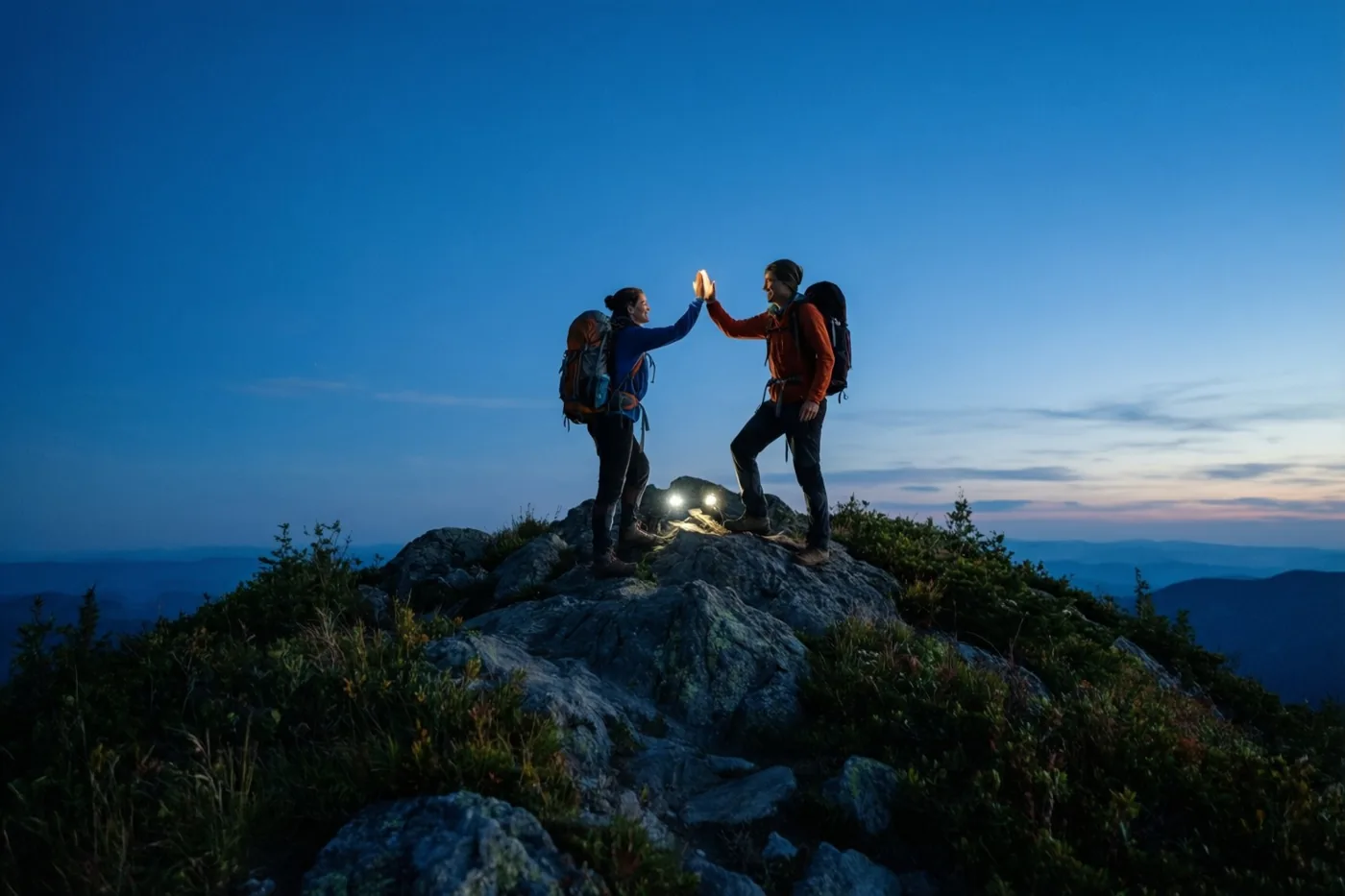 Twee wandelaars geven elkaar als silhouetten een high five op een rotsachtige bergtop onder een diepblauwe schemerhemel.