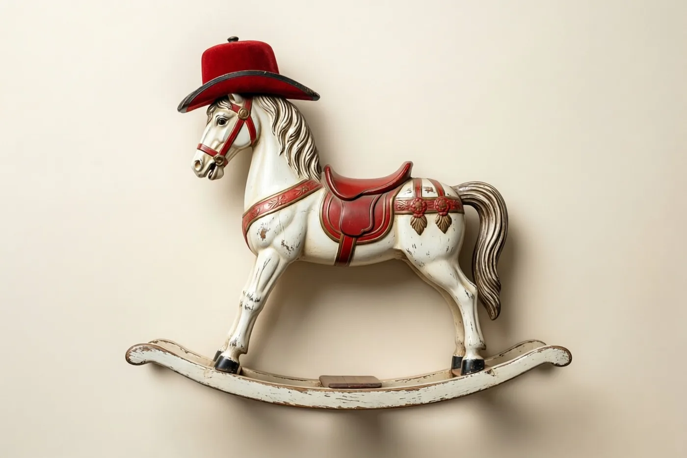 Een oud wit houten hobbelpaard met een rood zadel en een rode mijter is aan een effen beige muur bevestigd.