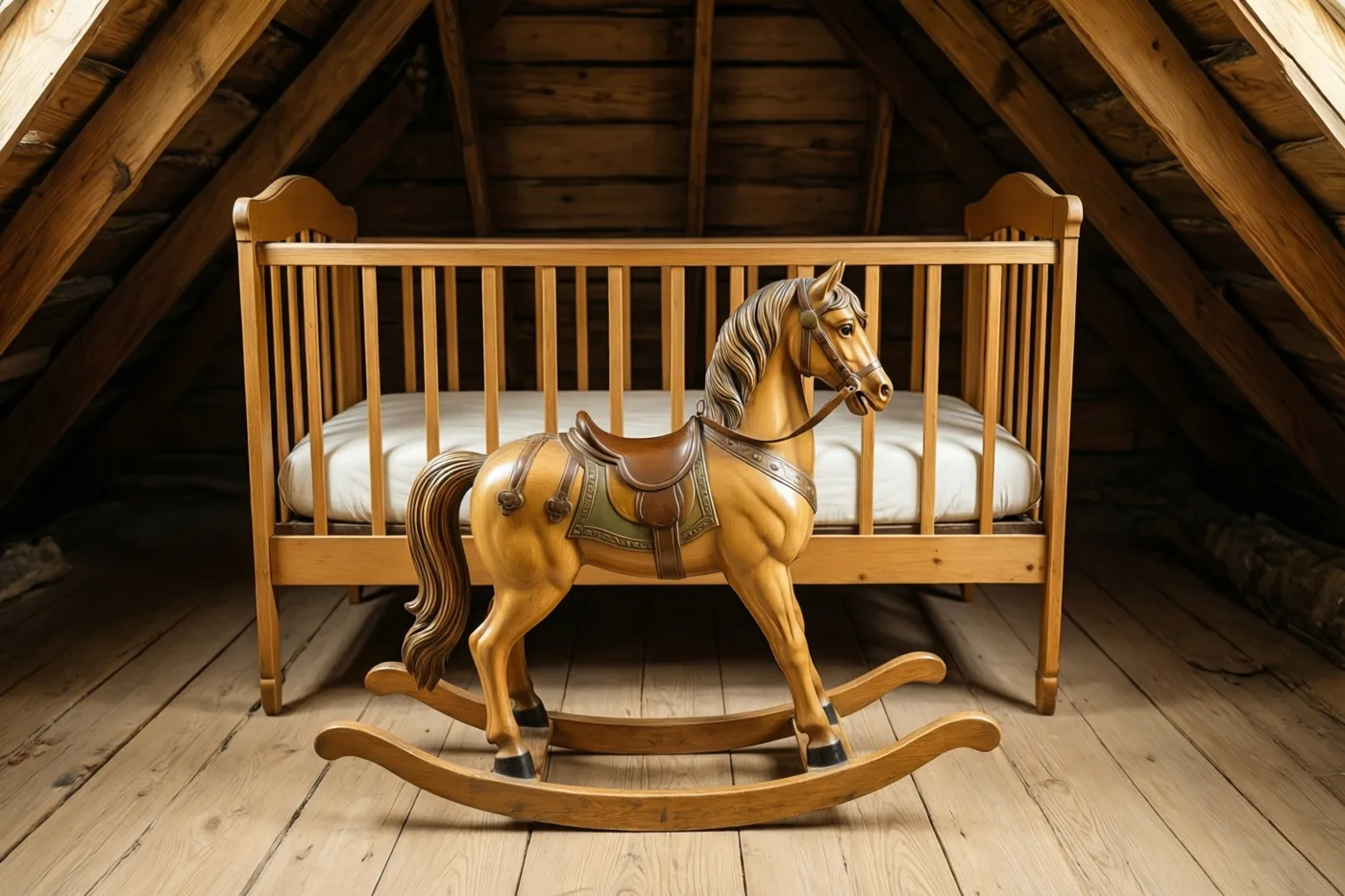 Een oud houten hobbelpaard staat naast een houten wieg op een rustieke zolder met zichtbare balken en een houten vloer, in warm licht met bruine en beige tinten.
