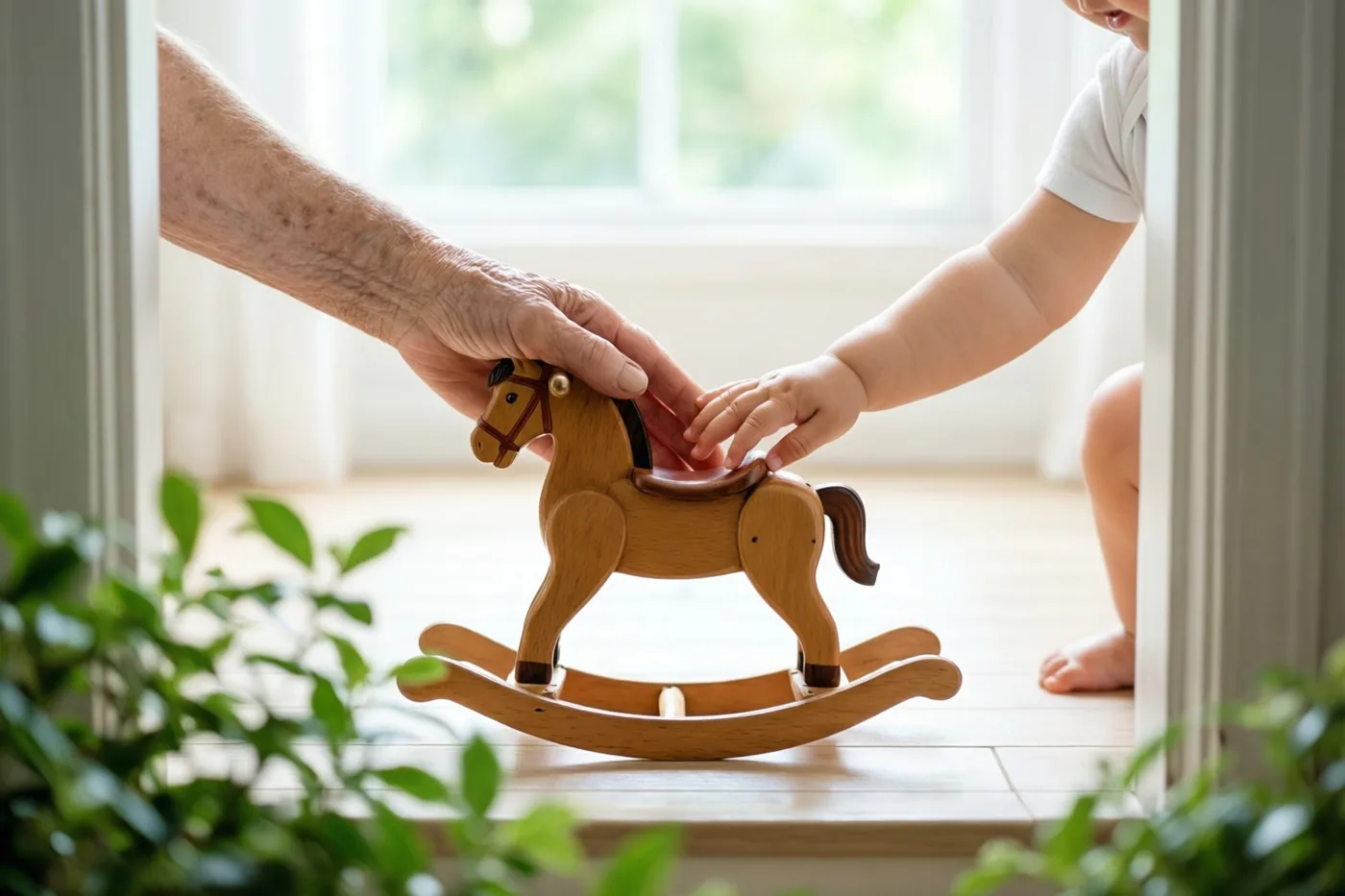 Een hand van een oudere persoon en een babyhand raken zachtjes een houten hobbelpaard aan op een lichte houten vloer, met natuurlijk licht van een raam op de achtergrond.