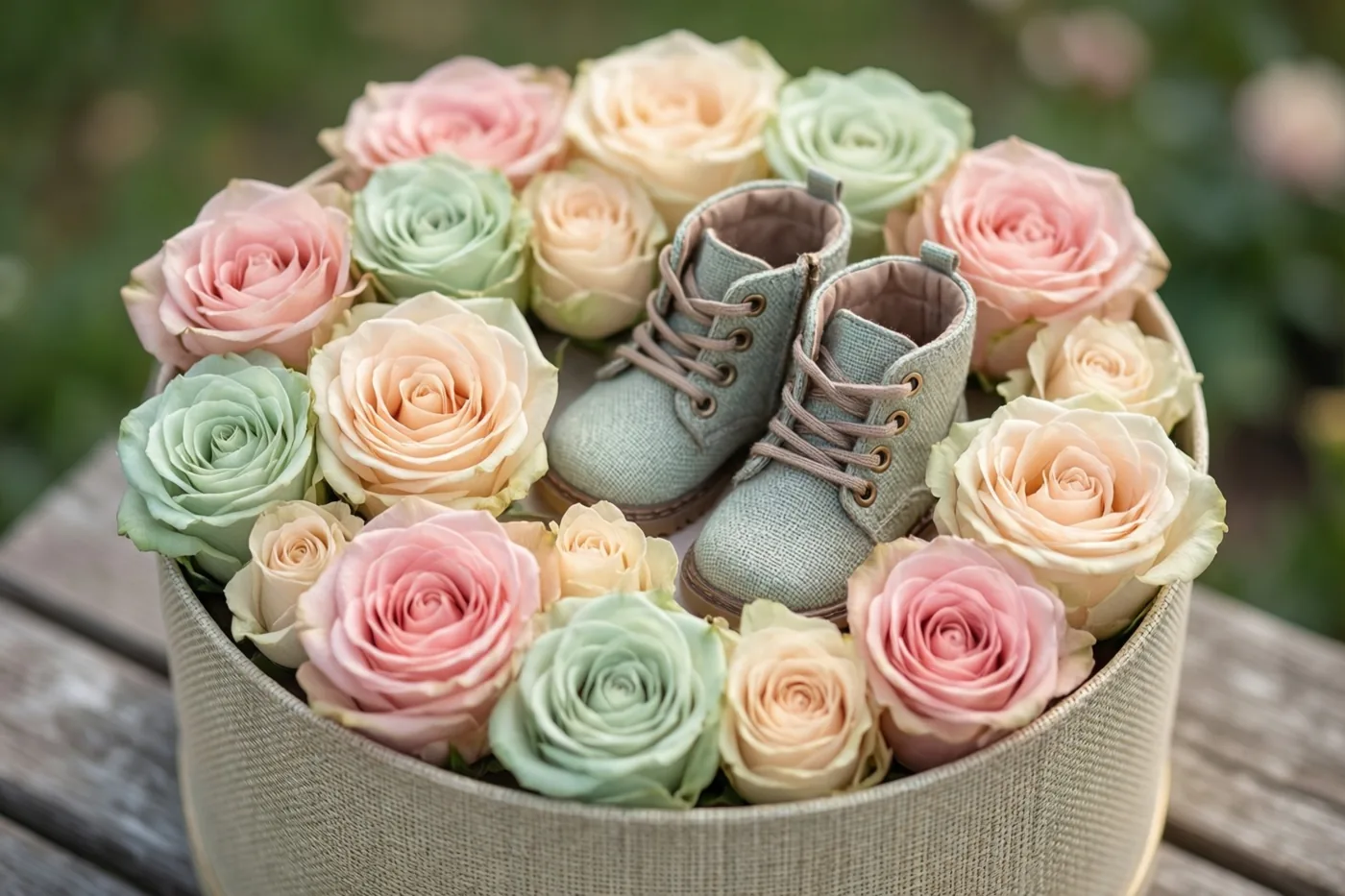 Een ronde hoedendoos met pastelrozen en kleine babyschoentjes staat buiten op een houten ondergrond, tegen een onscherpe groene achtergrond.