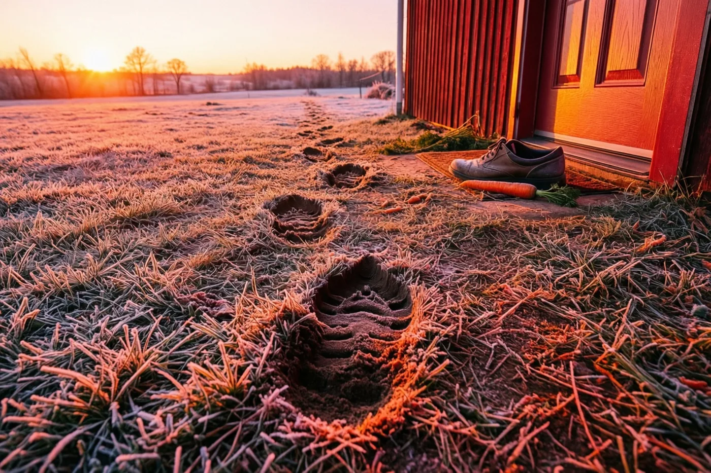 Een rij diepe hoefafdrukken in berijpt gras leidt naar een rode houten deur in warm oranje en rood licht.