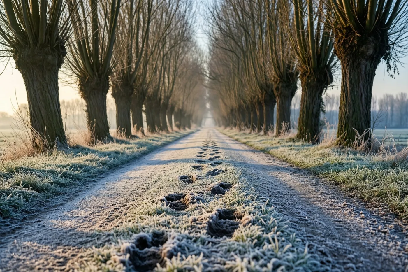 Een onverharde polderweg met rijp en hoefafdrukken loopt tussen twee rijen knotwilgen de verte in, onder zacht goudkleurig ochtendlicht.