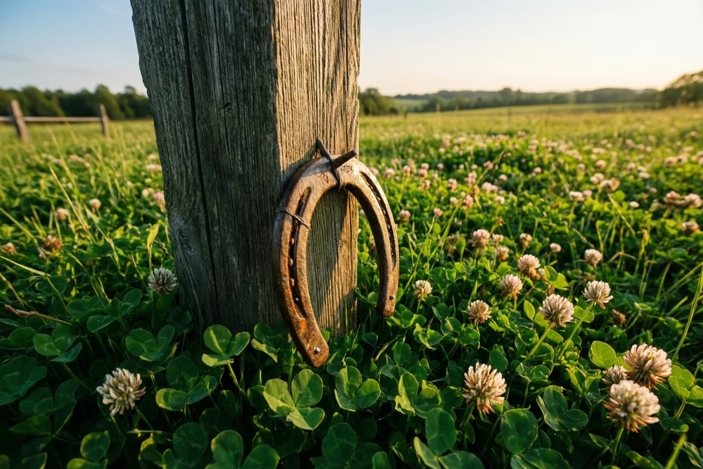 Een roestig hoefijzer is vastgespijkerd aan een verweerde houten weidepaal in een groene klaverweide met witte klaverbloemen in warm gouden zonlicht.