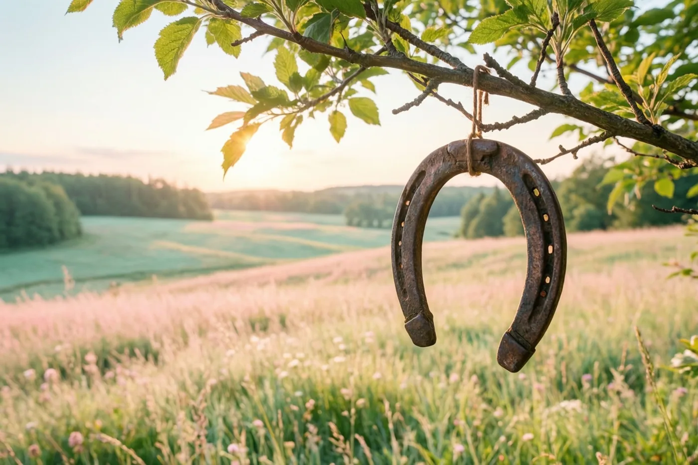 Een oud, roestig hoefijzer hangt aan een boomtak boven een zonnige weide met roze en groene grassen en onscherpe heuvels en bomen op de achtergrond.