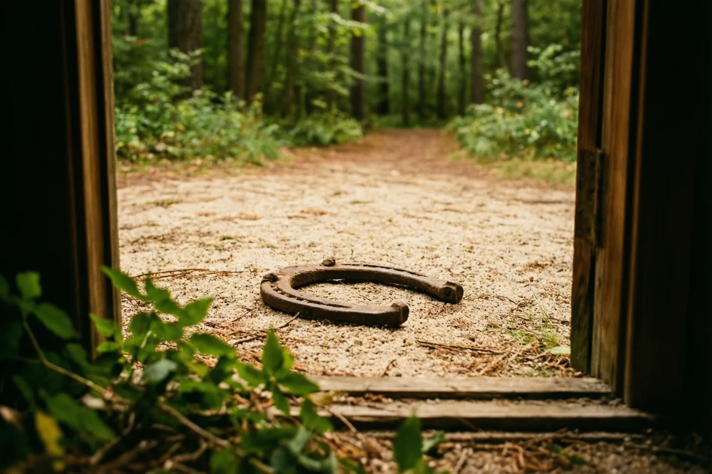 Door een donkerhouten deuropening is een oud, roestig hoefijzer op een zanderig bospad te zien met groene planten op de voorgrond.