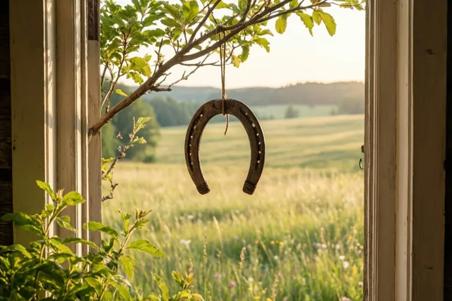 Door een open raamkozijn is een oud, verweerd hoefijzer aan een boomtak te zien met een zonnige weide en glooiende groene heuvels op de achtergrond.
