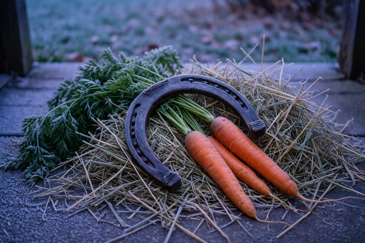 Een hoefijzer, drie wortels met loof en een hoopje hooi liggen op een houten drempel tijdens een vriesnacht, in blauw en oranje licht.