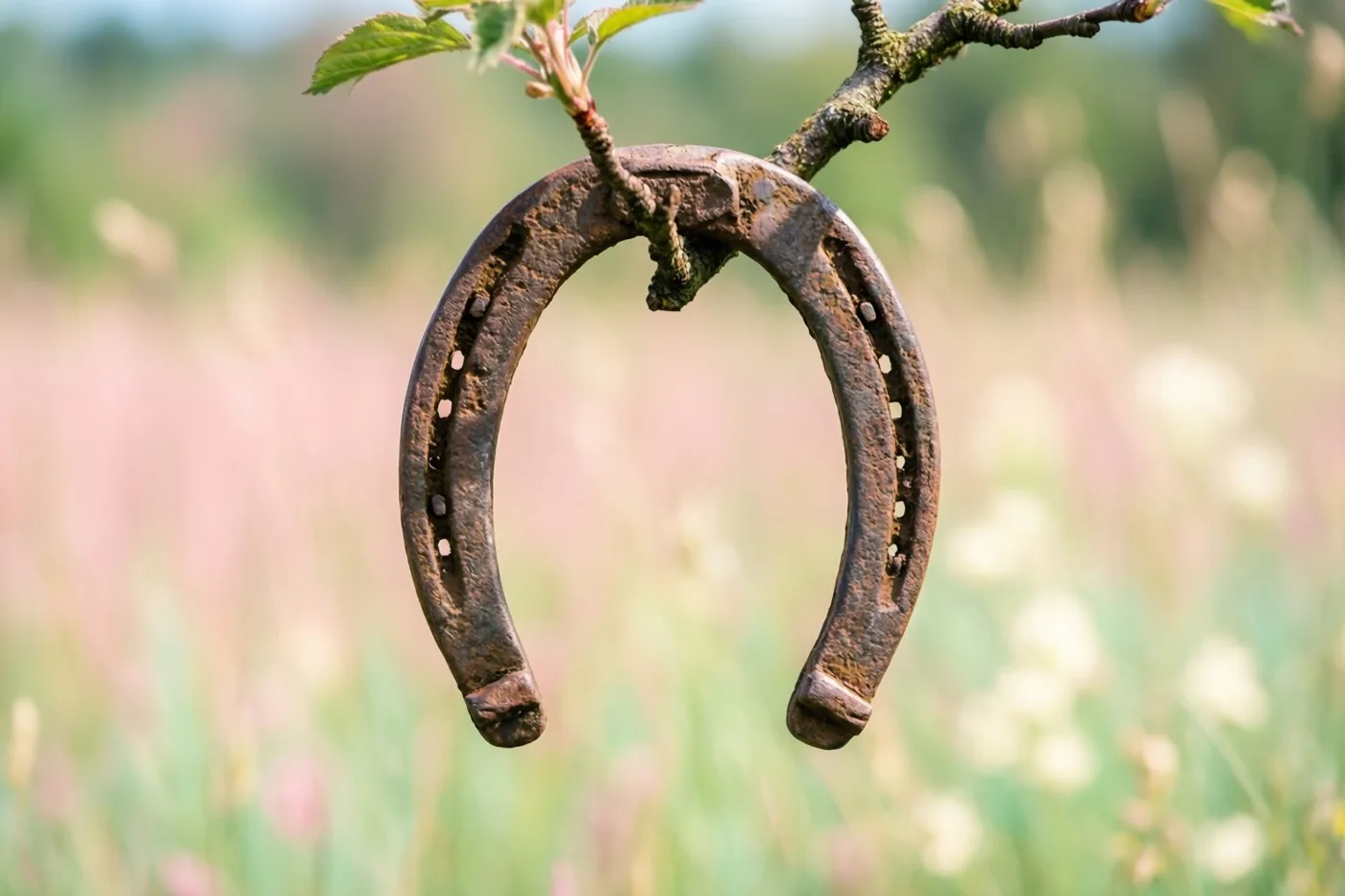 Een oud, roestig hoefijzer hangt aan een boomtak in een zonnige weide met een onscherpe achtergrond in zachte groene en roze tinten.
