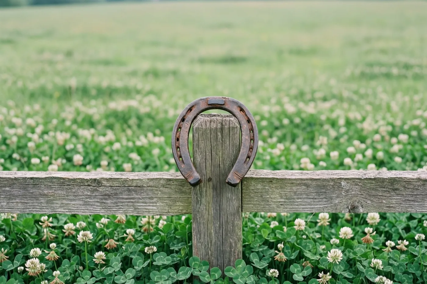Een roestig hoefijzer is vastgespijkerd aan een verweerde houten weidepaal in een groene klaverweide met witte bloemen in zacht natuurlijk licht.