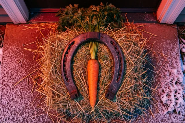 Een hoefijzer en een wortel met loof liggen op hooi op een berijpte drempel in oranje en paars licht.