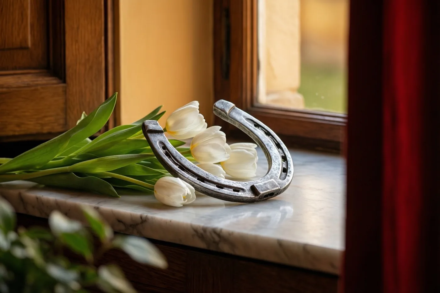 Een zilveren hoefijzer ligt naast witte tulpen op een marmeren schouw bij een houten raamkozijn en rode gordijnen, in warm licht.