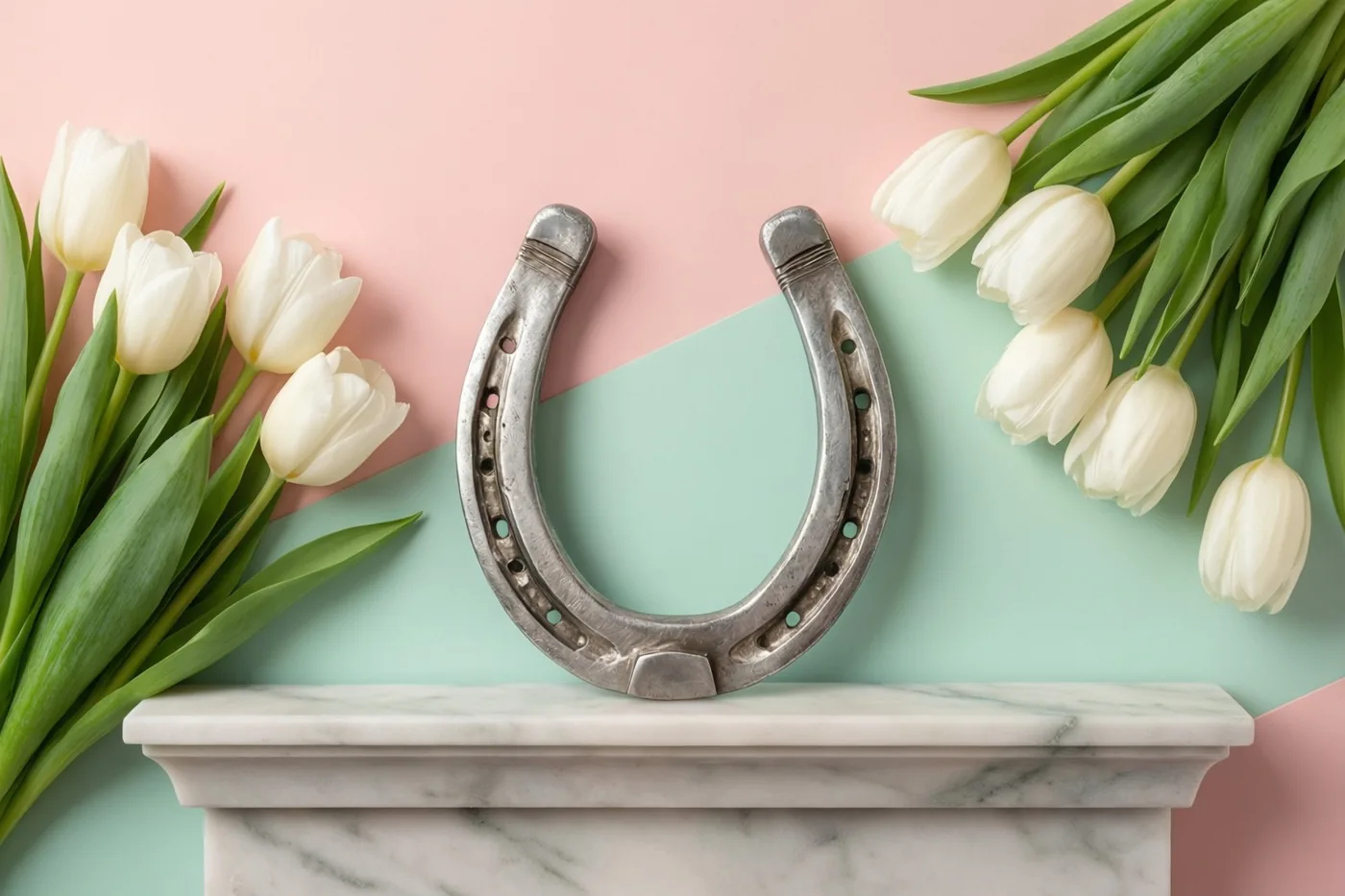 Een zilveren hoefijzer ligt op een witte marmeren schouw tussen boeketten witte tulpen, tegen een diagonaal verdeelde roze en mintgroene achtergrond.