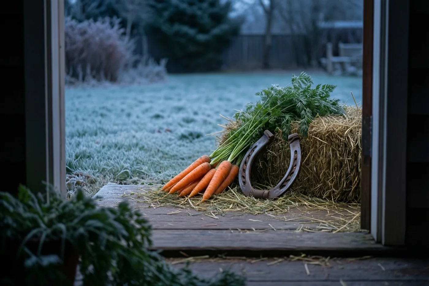 Door een deuropening zijn een hoefijzer, een bos wortels met loof en een baal hooi op een houten drempel te zien, met een bevroren gazon daarachter.