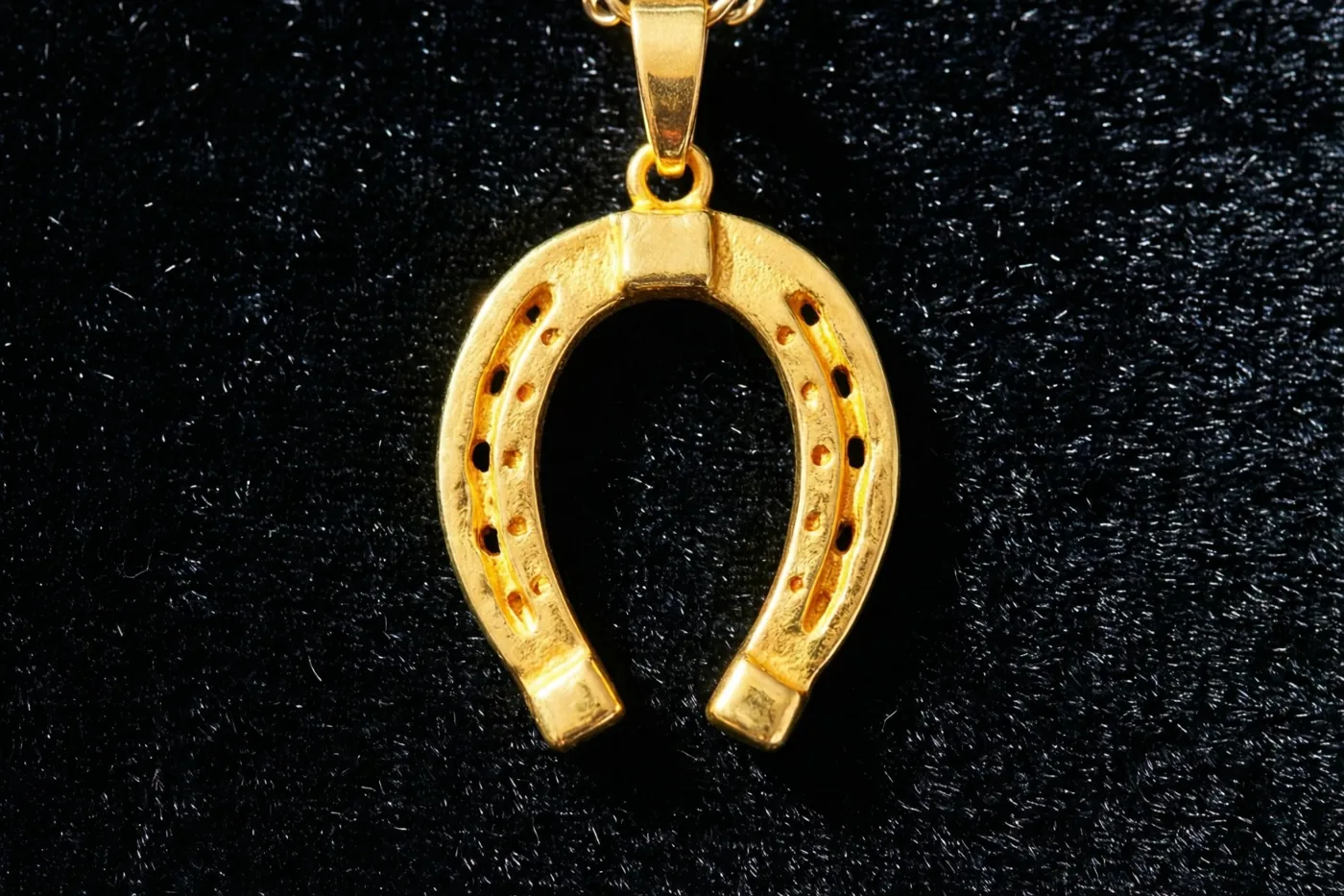 Een gouden hoefijzerbedeltje is afgebeeld tegen een zwarte fluwelen achtergrond.
