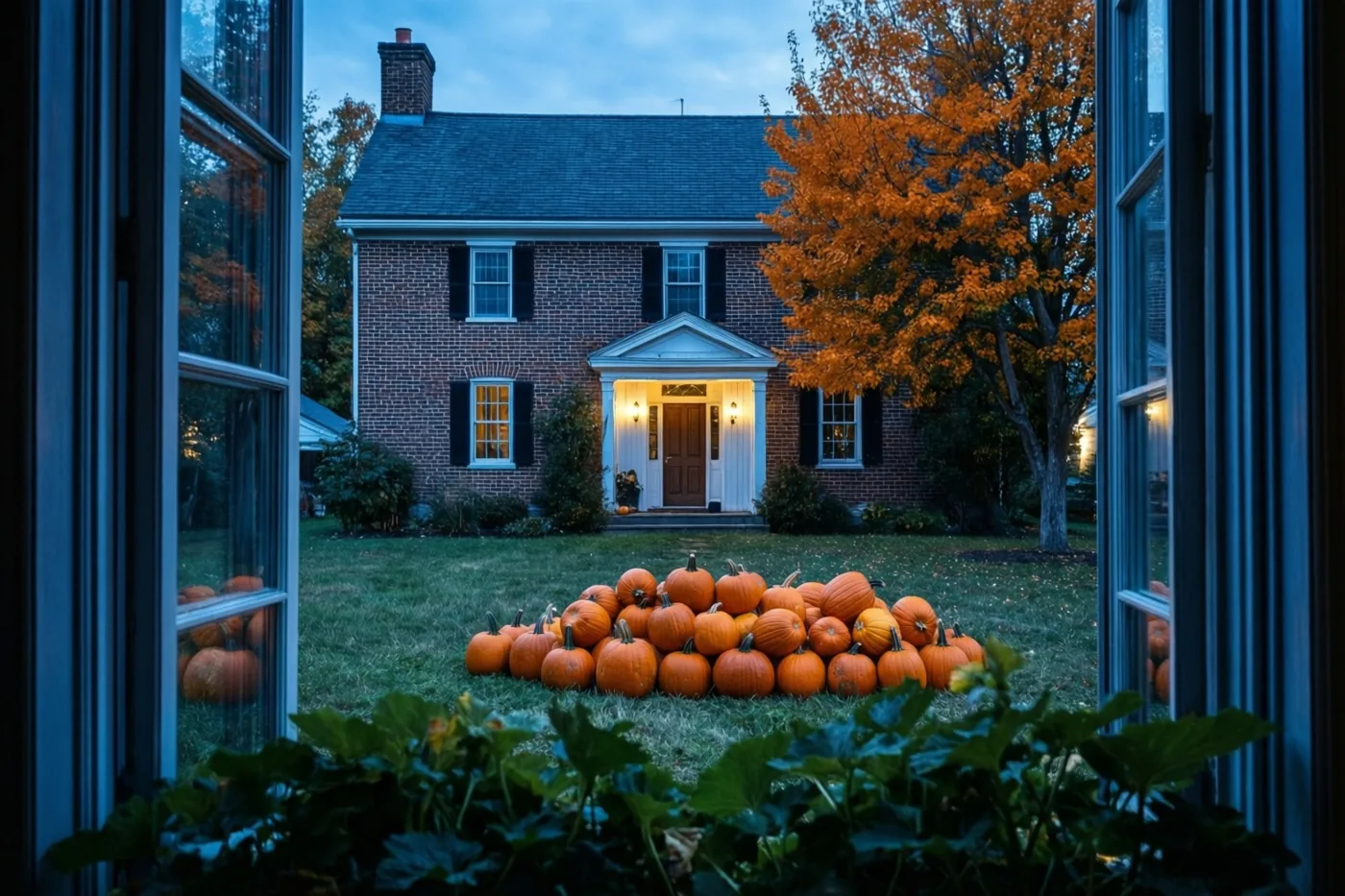 Door een open raam is een bakstenen hoeve te zien met een grote stapel pompoenen op het erf en oranje bomen onder een schemerhemel, met warm licht van binnen.