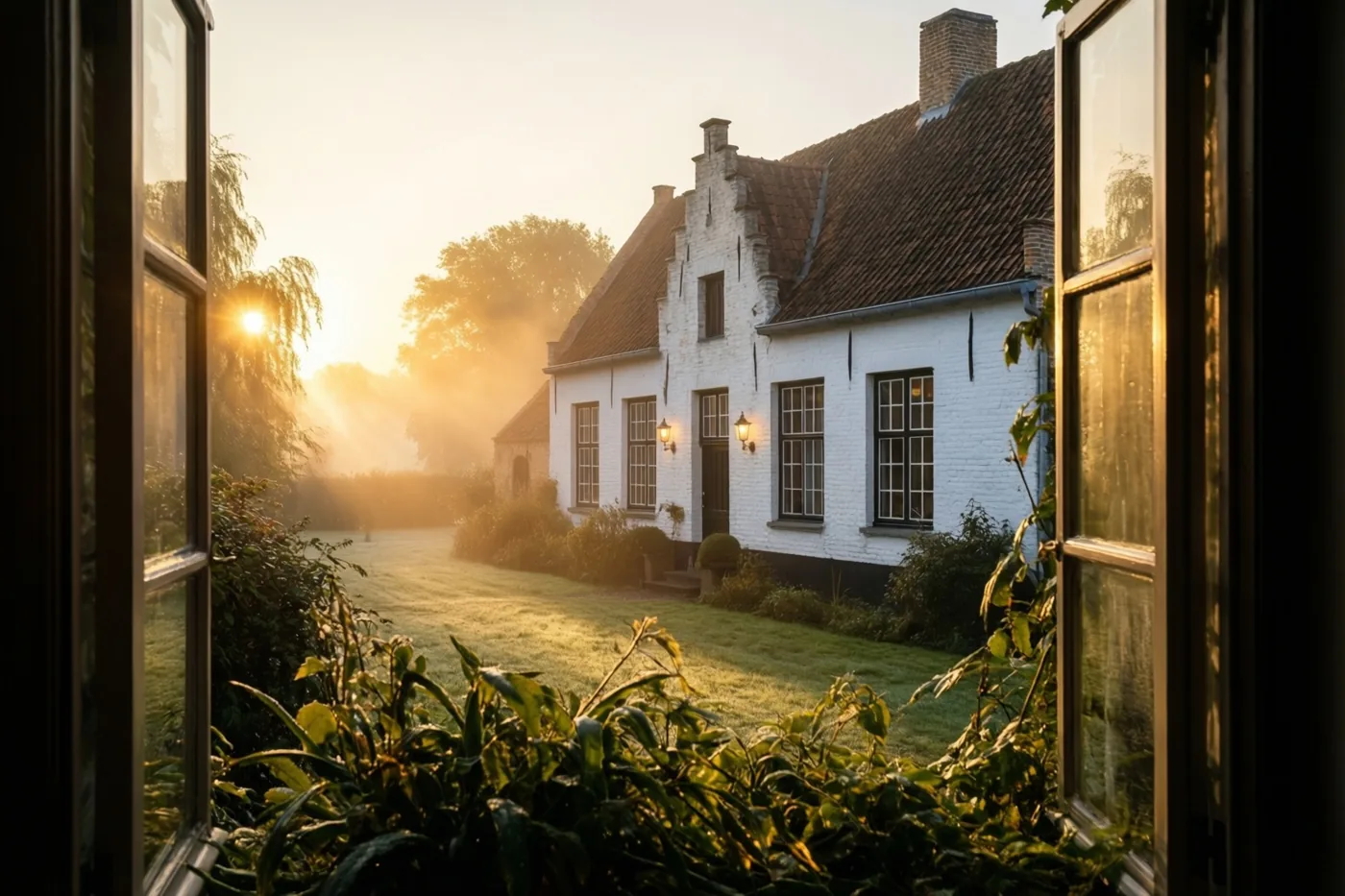 Door een open raam is een witgekalkte Vlaamse hoeve in de ochtendmist te zien, met gouden zonlicht door de bomen op de achtergrond.