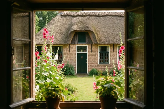Door een open raam is een Vlaamse hoeve met een rieten dak en groene deur te zien, met roze en witte stokrozen en een grasveld in een zonnige tuin.