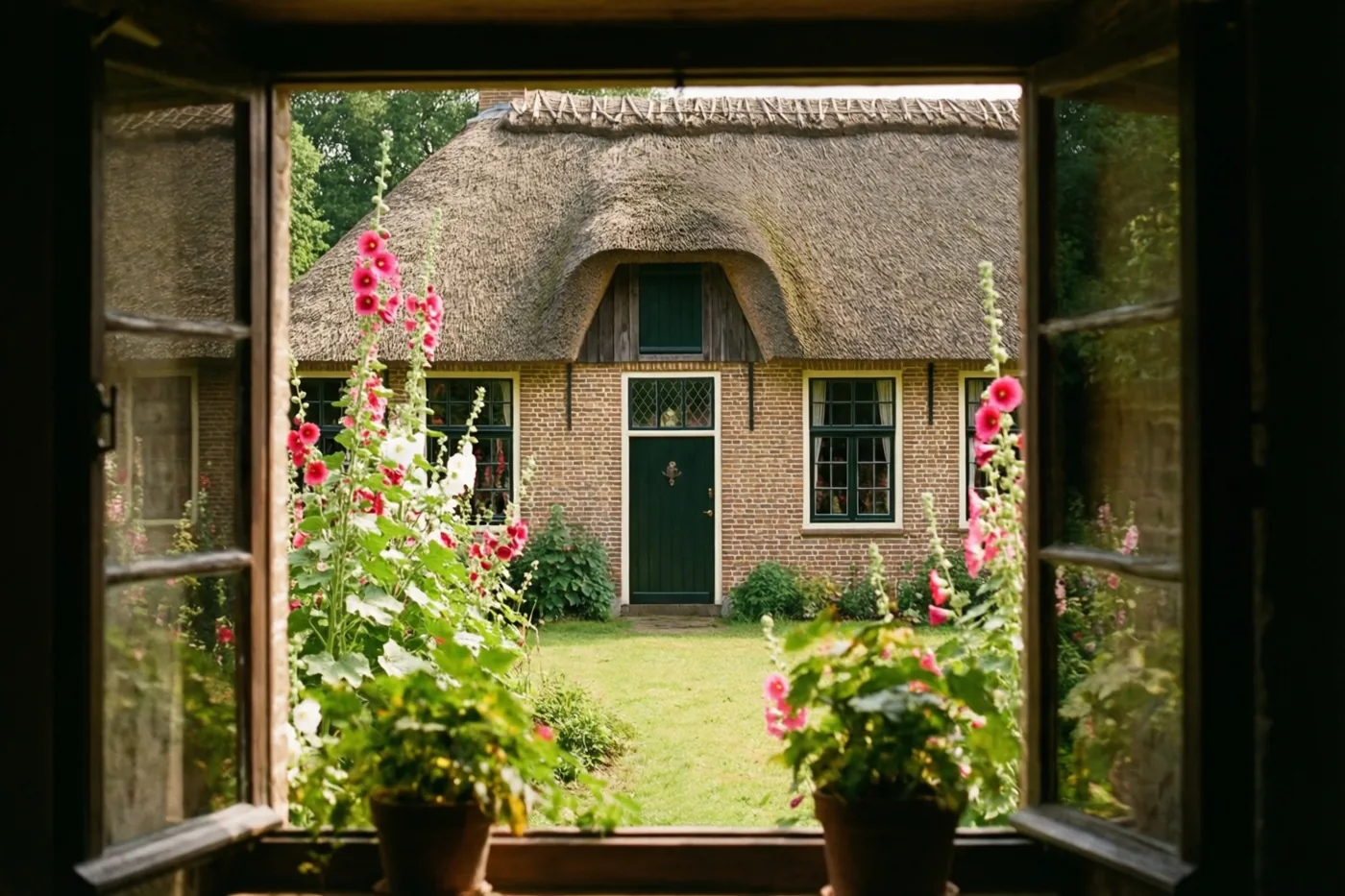 Door een open raam is een Vlaamse hoeve met een rieten dak en groene deur te zien, met roze en witte stokrozen en een grasveld in een zonnige tuin.