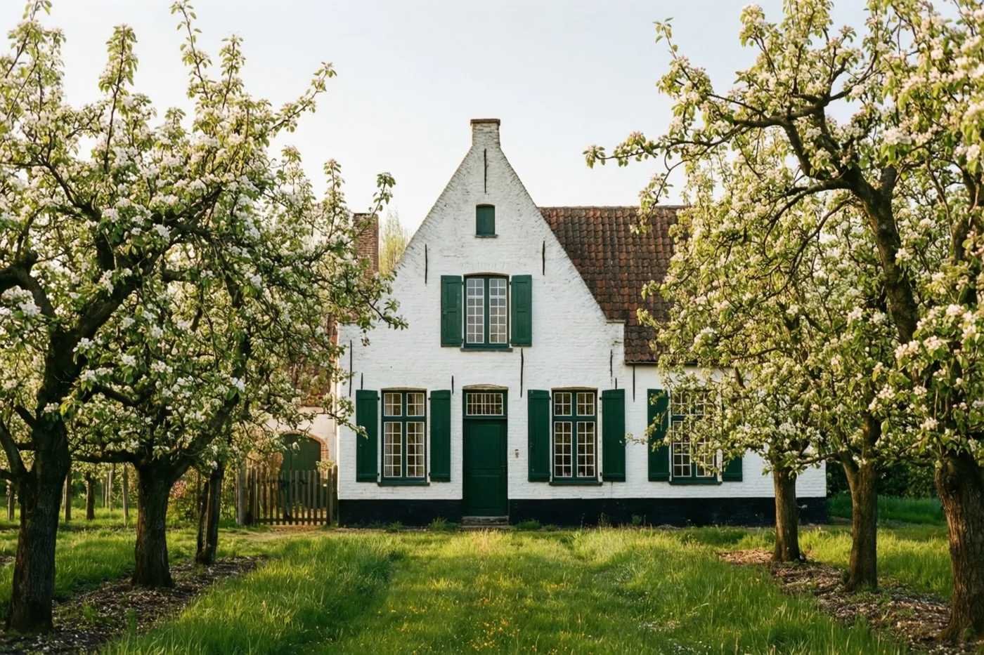 Een witgekalkte Vlaamse hoeve met groene luiken staat op een grasrijk erf tussen bloeiende perenbomen onder een heldere hemel.