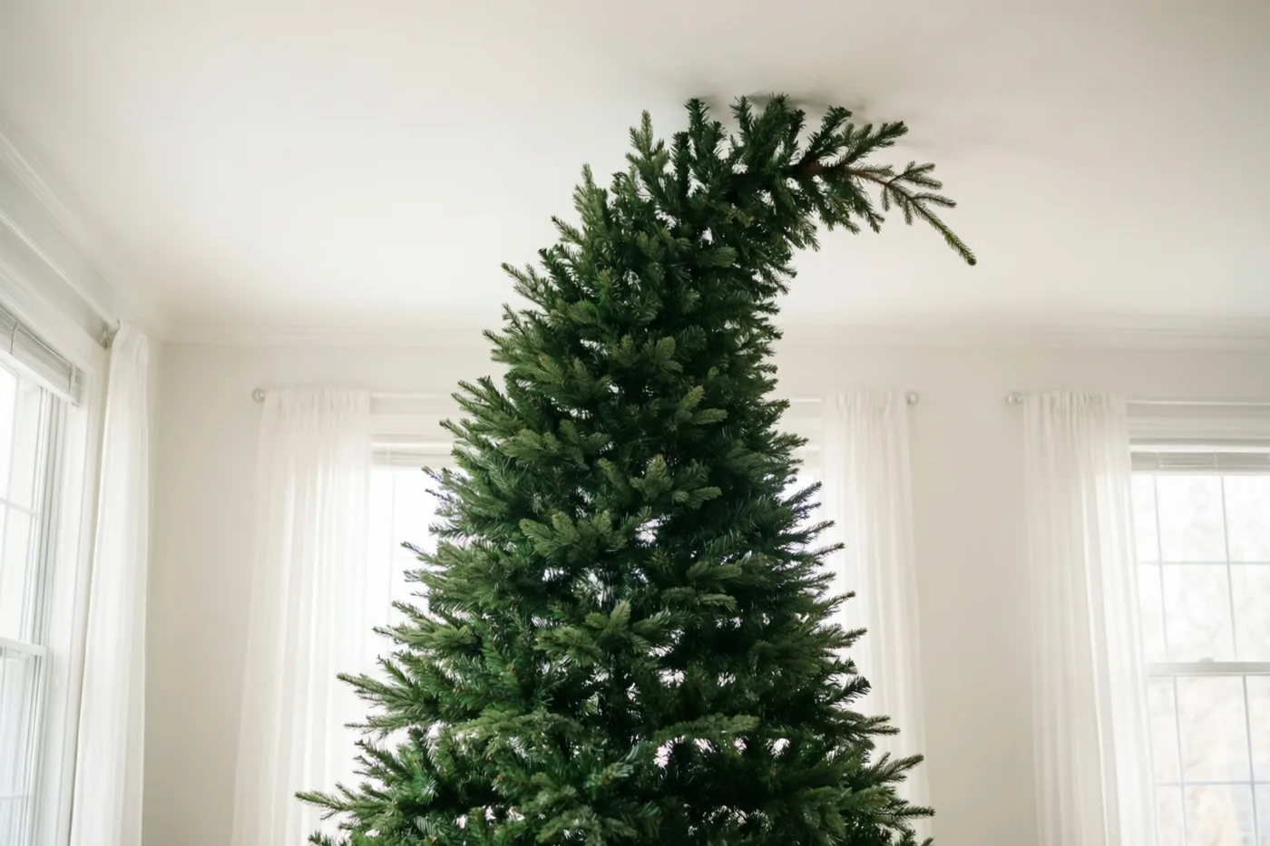 Een hoge groene kerstboom staat met zijn top gebogen tegen het plafond in een lichte kamer met witte muren, witte gordijnen en ramen.