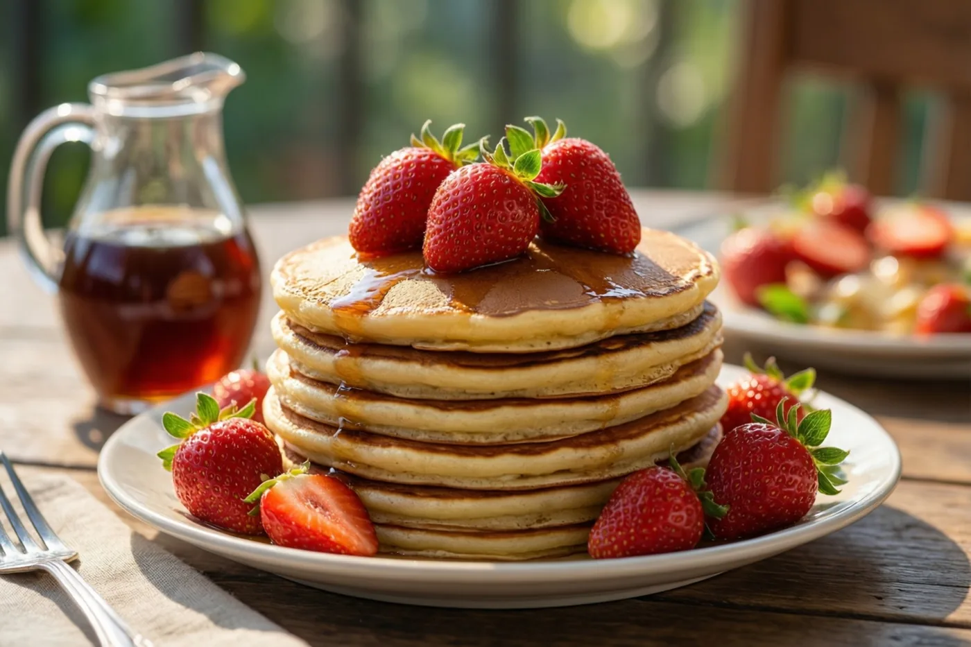 Een hoge stapel goudgele pannenkoeken met verse aardbeien en siroop ligt op een wit bord op een zonnige houten tafel naast een glazen siroopkannetje.