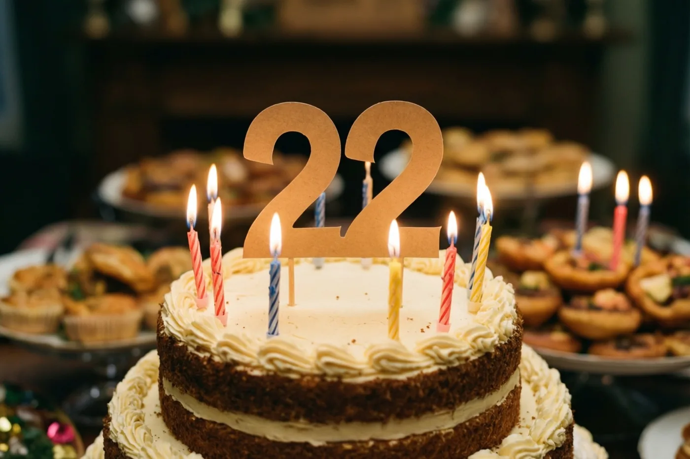 Een taart met meerdere verdiepingen, wit glazuur, een bruine kruimellaag, brandende kaarsjes en een papieren 22 staat op een feestbuffet met ander gebak.
