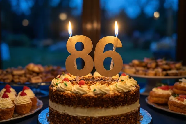 Een taart met meerdere verdiepingen, een papieren versiering met 86 en twee brandende kaarsjes staat tussen andere desserts op een buffettafel tegen een donkere, onscherpe blauwe achtergrond.