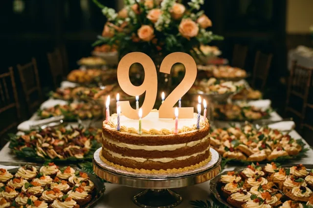 Een taart met meerdere verdiepingen, brandende kaarsjes en een grote papieren versiering met 92 staat op een zilveren standaard tussen onscherpe gerechten en bloemstukken.