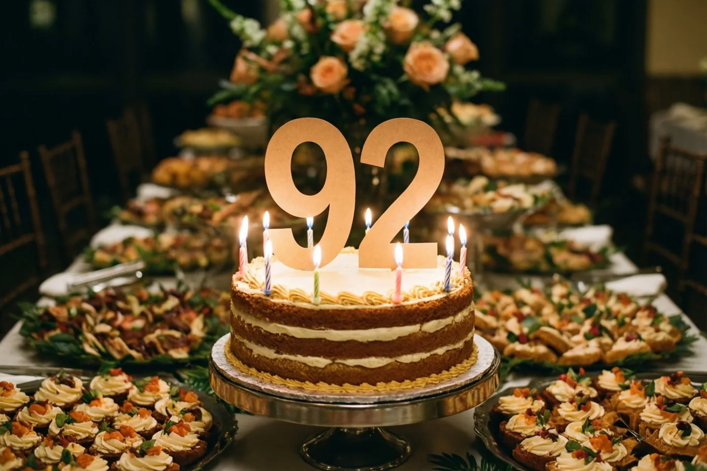 Een taart met meerdere verdiepingen, brandende kaarsjes en een grote papieren versiering met 92 staat op een zilveren standaard tussen onscherpe gerechten en bloemstukken.